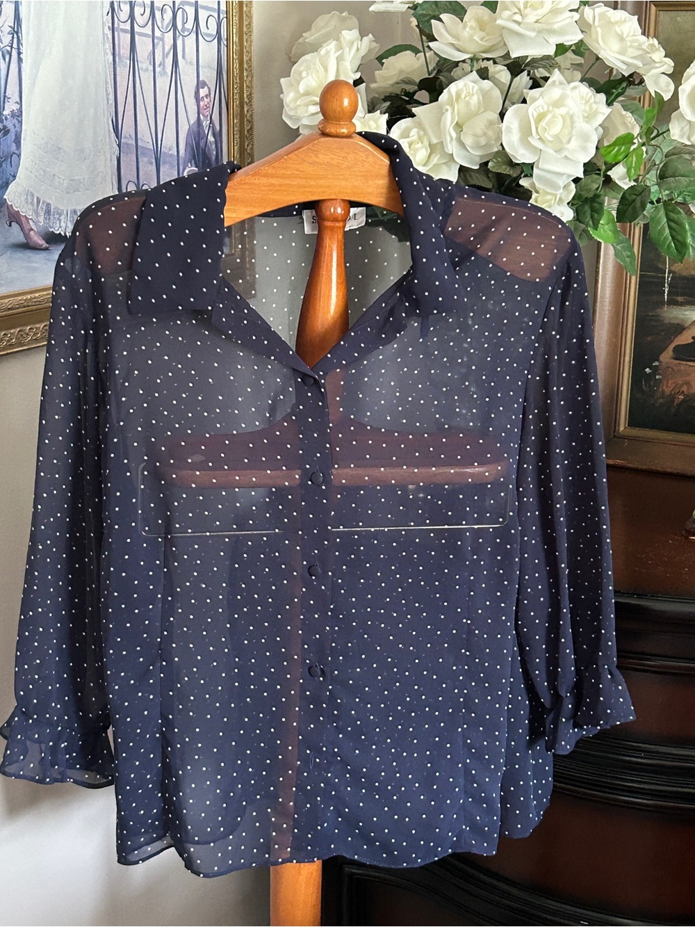 Studio I Navy and White Polka Dot Blouse
